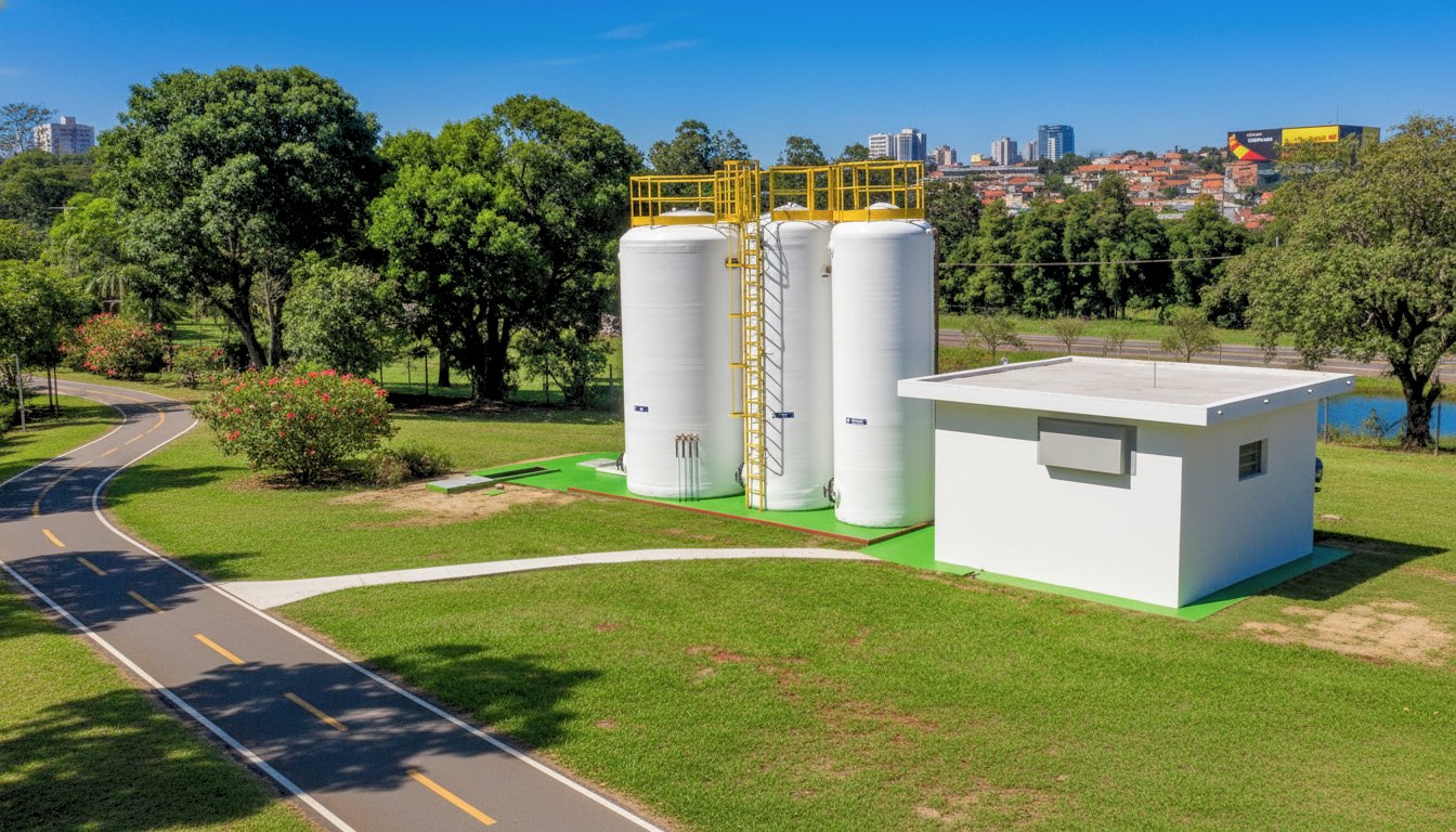 Estação de tratamento de esgoto instalada em cliente — tanques verticais em PRFV